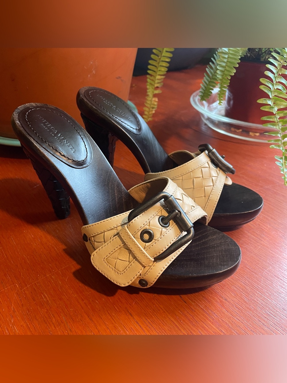 Vintage Bottega Veneta Intrecciato Leather Buckle Mules